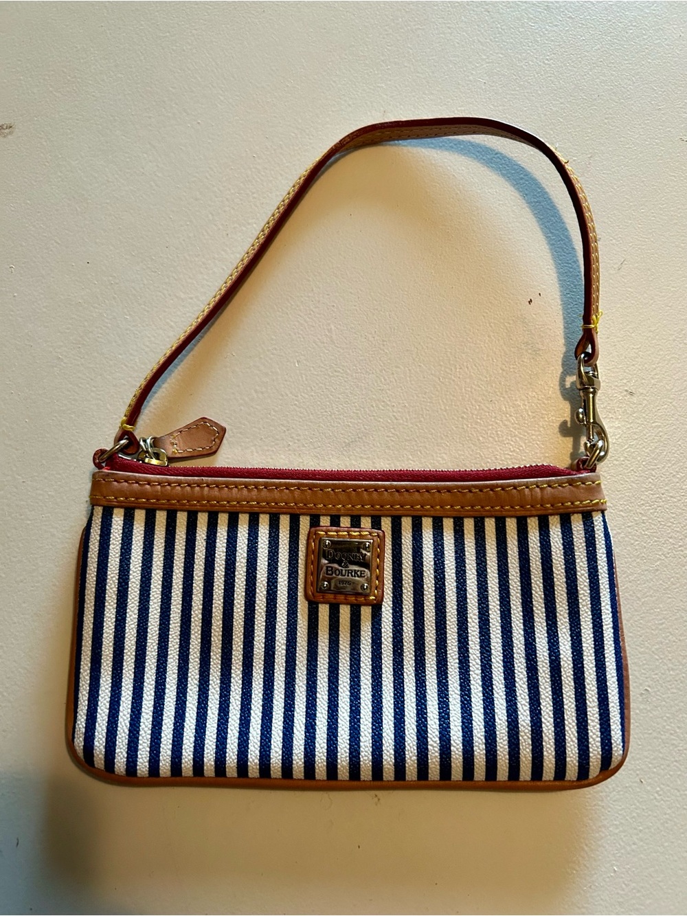 Dooney & Bourke Navy and White Striped Wristlet with Tan Trim